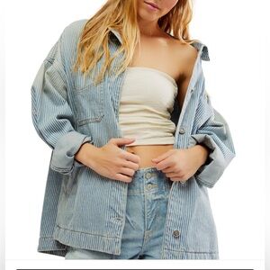 Free People Light Blue Striped Jean Jacket